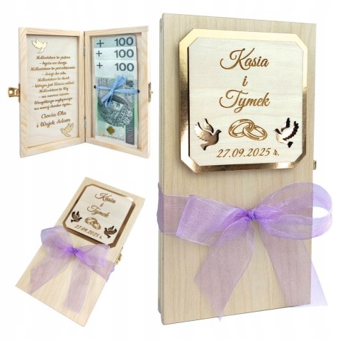 Drewniane pudełko na pieniądze z grawerem i wstążką Prezent Pamiątka Ślubna
