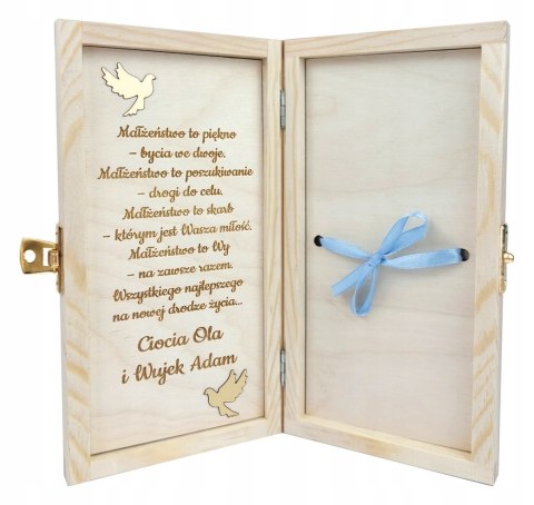 Drewniane pudełko na pieniądze z grawerem i wstążką Prezent Pamiątka Ślubna