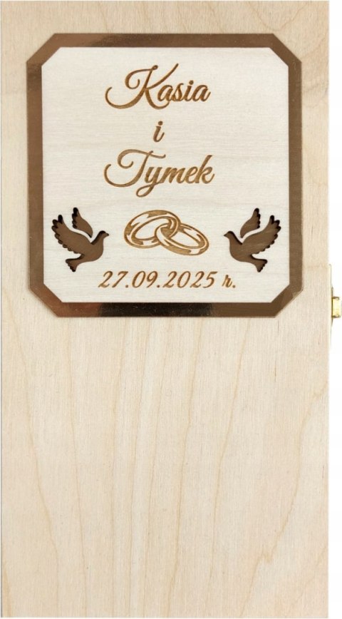 Drewniane pudełko na pieniądze z grawerem i wstążką Prezent Pamiątka Ślubna