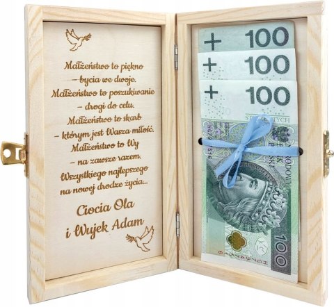 Drewniane pudełko ślubne na pieniądze z grawerem i wstążką Prezent Pamiątka