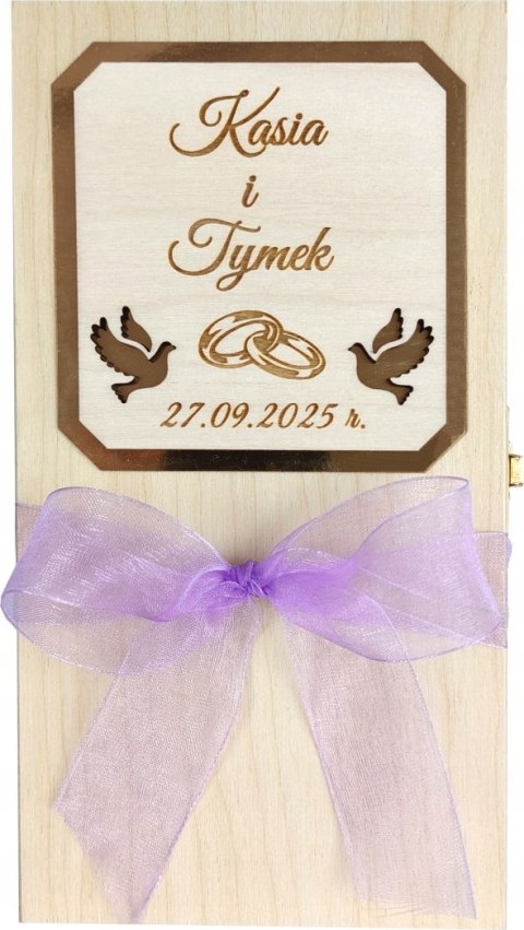 Drewniane pudełko ślubne na pieniądze z grawerem i wstążką Prezent Pamiątka