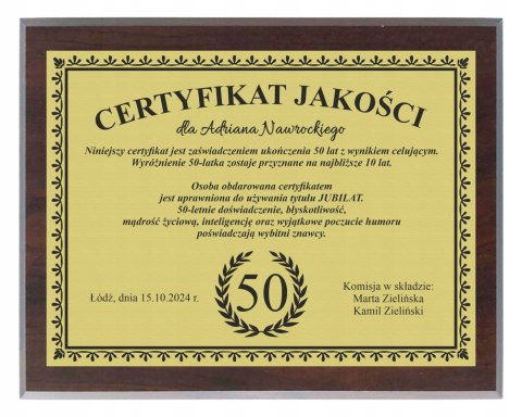 Dyplom Prezent na URODZINY Ramka Certyfikat 18 20 30 40 50 60 + STOJAK