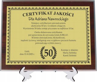 Dyplom Prezent na URODZINY Ramka Certyfikat 20 30 40 50 60 70 + STOJAK