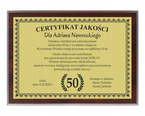 Dyplom Prezent na URODZINY Ramka Certyfikat 20 30 40 50 60 70 + STOJAK