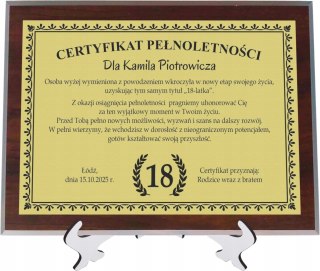 Dyplom Prezent na URODZINY Ramka Certyfikat Osiemnastka 18 + STOJAK