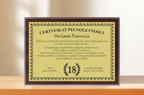 Dyplom Prezent na URODZINY Ramka Certyfikat Osiemnastka 18 + STOJAK