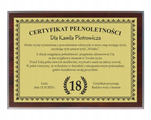 Dyplom Prezent na URODZINY Ramka Certyfikat Osiemnastka 18 + STOJAK