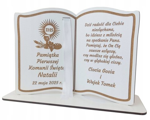 Pamiątka Pierwszej Komunii Świętej Drewniana biała Książka PREZENT