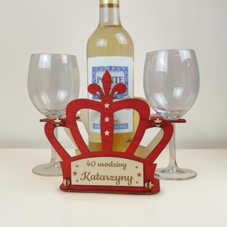 Personalizowany Stojak na Wino Korona z 2 Kieliszkami i Grawerem - Prezent na Urodziny