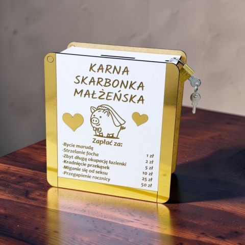 Karna skarbonka małżeńska z grafiką świnki i złotymi zdobieniami