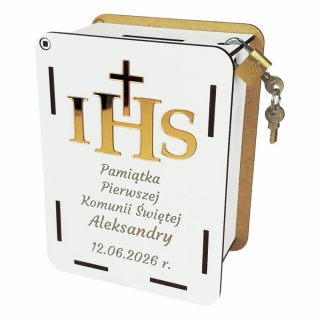 Skarbonka komunijna z symbolem IHS - personalizowana pamiątka