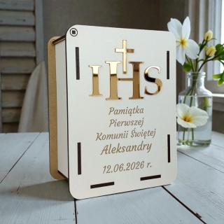 Skarbonka komunijna z symbolem IHS - personalizowana pamiątka