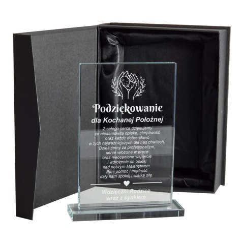 Szklana statuetka podziękowanie dla położnej z grawerem w eleganckim etui